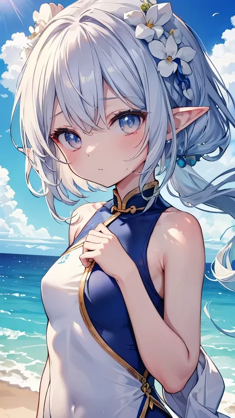 Highest quality:1.1)、(masterpiece:1.2)、(solo)、Close-up、Watching the viewer、Ocean、summer、Chinese dress style swimsuit,Flowing sweat,,Umbilical cord,Girl,whole body,blue sky,Silver Hair,Elf Ears,Silver Eyes,slender