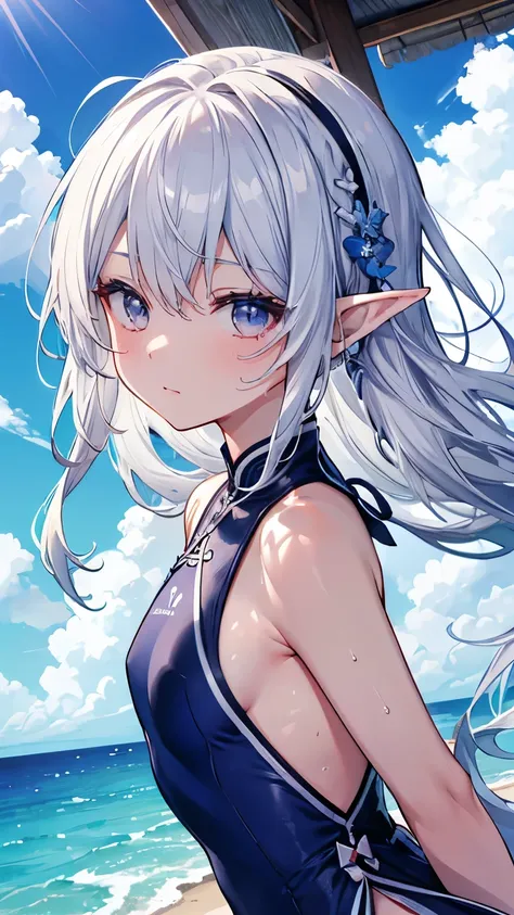 Highest quality:1.1)、(masterpiece:1.2)、(solo)、Close-up、Watching the viewer、Ocean、summer、Chinese dress style swimsuit,Flowing sweat,,Umbilical cord,Girl,whole body,blue sky,Silver Hair,Elf Ears,Silver Eyes,slender