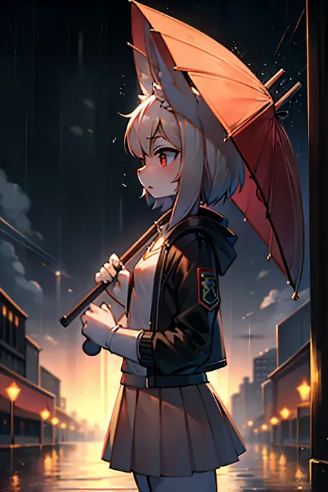 Raining background，Bunny Girl，Rabbit with long ears，Furry women，Characteristics of three-year-old girls，Short stature，Summer short sleeves with jacket，Short skirt，Umbrella