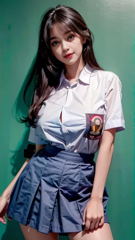 (best quality,4k,highres),ultra-detailed,realistic,cosplay,student uniform, smile, unbutton clothes, unbutton t-shirt, mini skir...