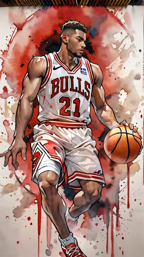 (masterpiece:1.2, Highest quality),(Very detailed),(((watercolor))),8K,wallpaper,(Chicago Bulls Uniforms),(Basketball shoes),28 years old,Black basketball players,Dunk Shot,(((front))),(((whole body:1.5))),(Severe),((Detailed hand drawing)),(透明watercolor),...