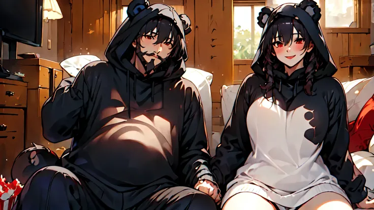 beautiful couple of man and woman (junkotvv and neocruz brown eyes and beard), (Masterpiece), Best Quality, (extremely detailed face), extremely detailed eyes, perfect lighting, General detail,(junkotvv) detailed, deep skin,textured skin,
,Bear costume ,b...