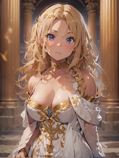 Masterpiece, 8k quality, highly detailed, one girl, ((blonde curly hair)), (off the shoulders white and gold goddess dress), ((extremely small breast)), thick thighs, Roman pillars background