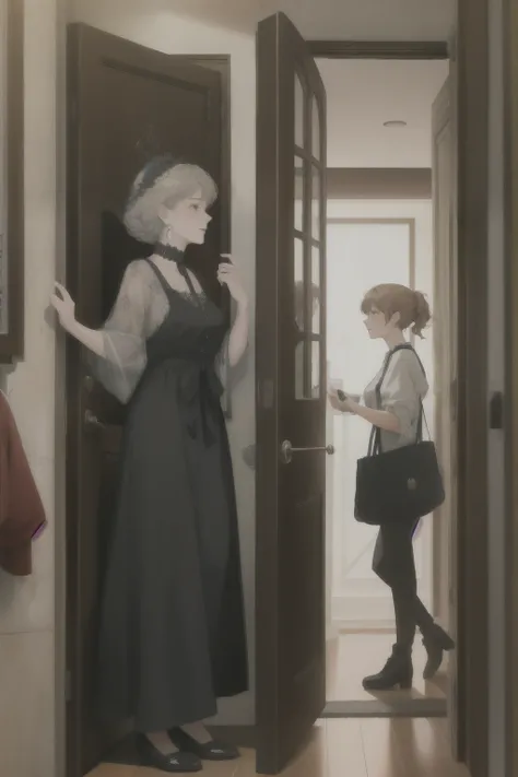 ((best quality)), ((masterpiece)), (detailed)A 60-year-old woman，With a 20-year-old girl，Stand inside the door，
