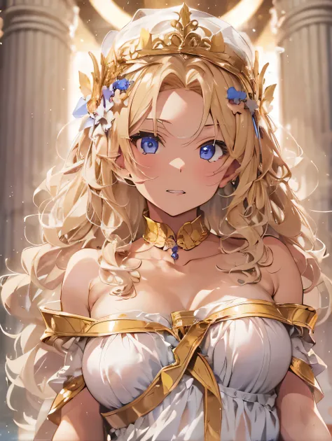 Masterpiece, 8k quality, highly detailed, one girl, ((blonde curly hair)), (off the shoulders white and gold goddess dress), ((extremely small breast)), thick thighs, Roman pillars background