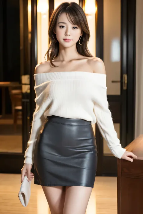 Japanese, Very thin woman, Highest quality, masterpiece, Ultra-high resolution, (Realistic: 1.4), RAW Photos, One girl, Off the shoulder, Cinema Lighting, Kiss pose, Heterochromia iridis, Skirt showing slim legs,