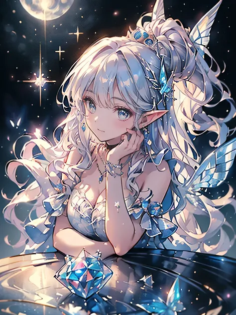 (masterpiece,Highest quality, Very detailed, beautiful, Exquisite, 16K, Full HD),((Dynamic Angle)), (((Moonlit Night,full moon,Starry Sky,meteor群,meteor,))),((smile,kind,smile,)),(Wish,pray:1.2),((Frills, Rhinestone, Silver and Diamonds,Light blue fluffy l...
