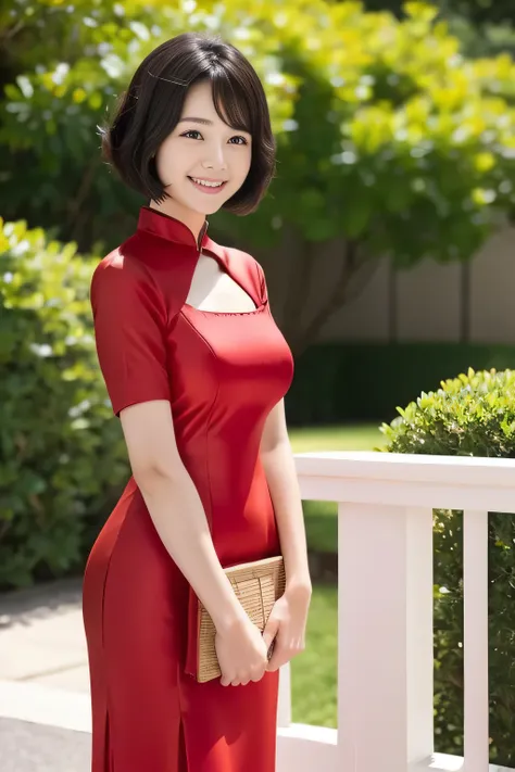 Red Chinese Dress, One girl, alone, Black Hair, short hair, Upper Body, smile, Parasol, Mature Woman,