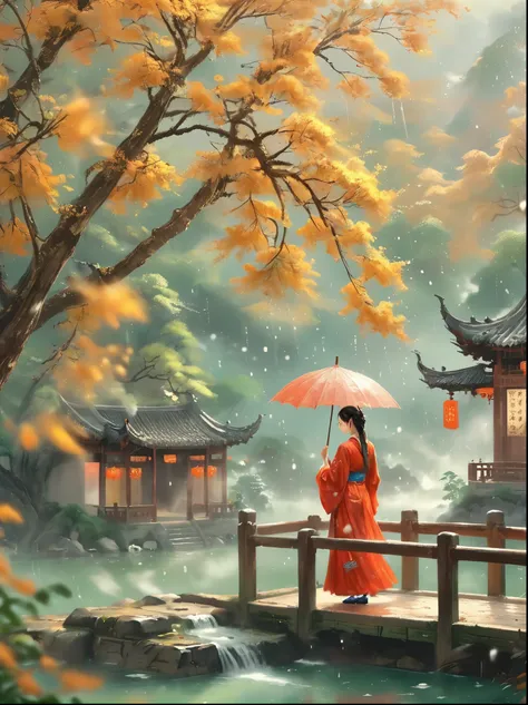 (best quality，8k，high resolution，masterpiece:1.2)，ultra detail，(girl holding an oil-paper umbrella:1.5)，(oil-paper umbrella:1.5)...