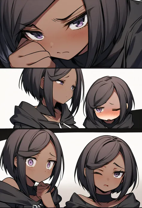 Dark-skinned girl，Shy, shy，Medusa style，short hair，Black short hair，Wearing an eye patch，Natural expression
