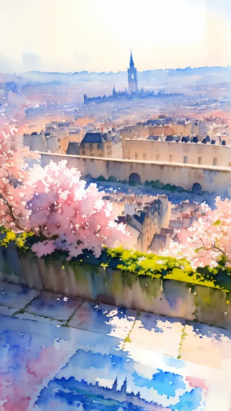 (masterpiece:1.2, highest quality),(very detailed),(((watercolor))),8k,wallpaper,landscape of france,view of paris from montmart...