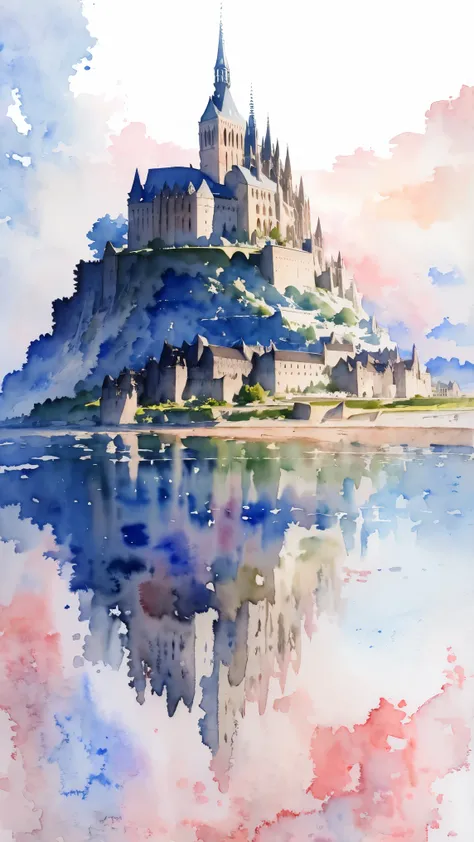 (masterpiece:1.2, Highest quality),(Very detailed),(((watercolor))),8K,wallpaper,Landscape of France,Mont Saint-Michel