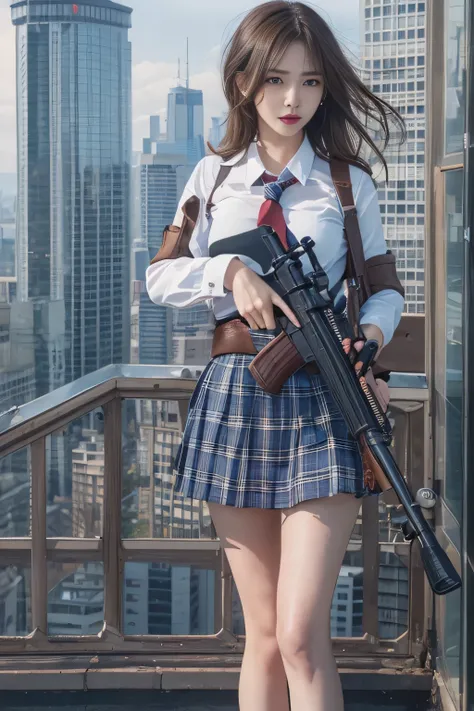 1 female、(so beautiful)、(Beautiful Face:1.5)、(Detailed face)、Are standing、(high-school uniform)、Dark blue jacket、white  shirt、tie、Checked mini skirt、Brown hair、(Heavy makeup)、(holding rifle)、(Point your rifle:1.5)、h&For hK416、(On the roof of a high-rise bu...