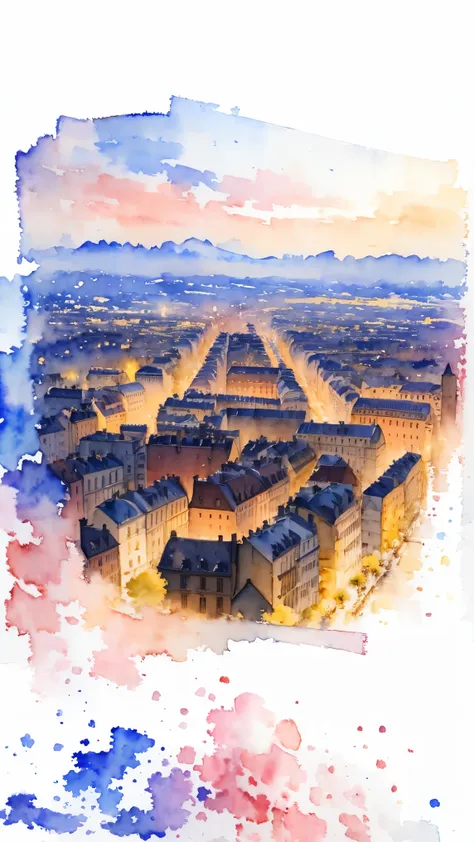 (masterpiece:1.2, highest quality),(very detailed),(((watercolor))),8k,wallpaper,landscape of france,view of paris from montmart...