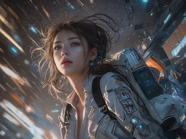 Best image quality, Cinema Lighting, Octane Rendering, Ultra Sharp, 1 girl, Japanese, Troubled face, Glowing Skin, Detained fugitives, (Running at full speed), Brown Hair, Shortcuts, All-white pilot suit:1.3, Cleavage, cyber punk, A night sky filled with c...