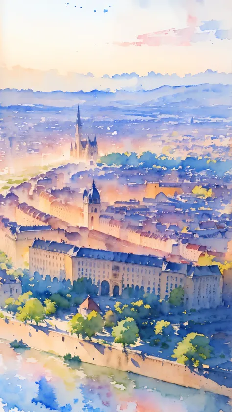 (masterpiece:1.2, highest quality),(very detailed),(((watercolor))),8k,wallpaper,landscape of france,paris city,from the sky