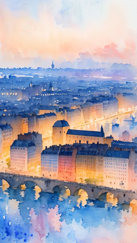 (masterpiece:1.2, highest quality),(very detailed),(((watercolor))),8k,wallpaper,landscape of france,paris city,from the sky,nig...