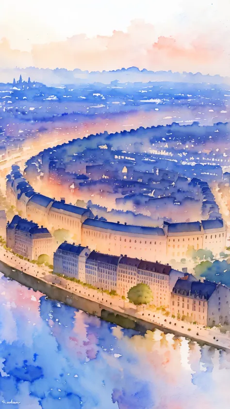 (masterpiece:1.2, highest quality),(very detailed),(((watercolor))),8k,wallpaper,landscape of france,paris city,from the sky,nig...