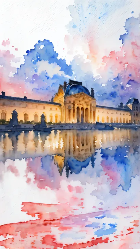 (masterpiece:1.2, highest quality),(very detailed),(((watercolor))),8k,wallpaper,landscape of france,louvre museum,night