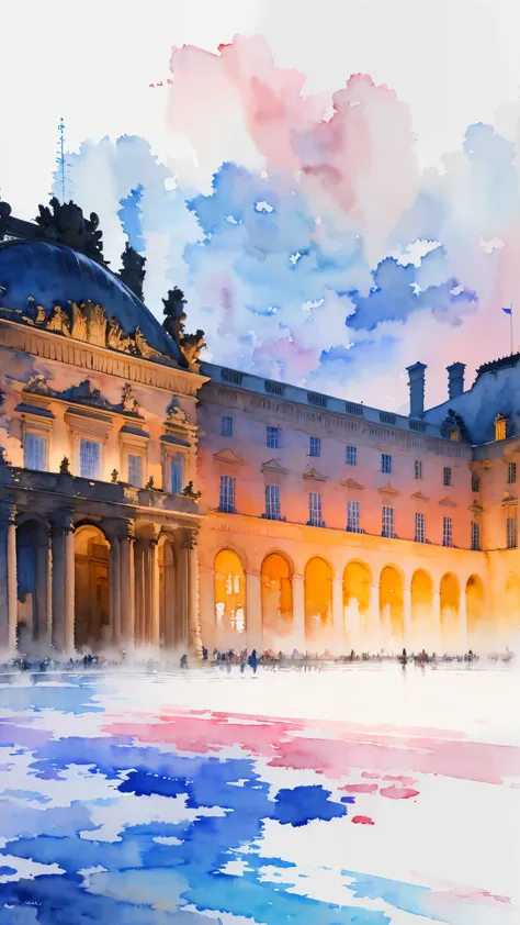 (masterpiece:1.2, highest quality),(very detailed),(((watercolor))),8k,wallpaper,landscape of france,louvre museum,night