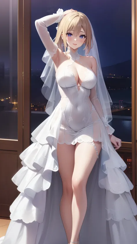 kawakami_mai,    blonde hair,  long hair, hair let down,  purple eyes, 
BREAK (transparent tulle wedding dress with long sleeve and long tail:1.2),
BREAK (Night:1.7), Japan, cyberpunk, CityView, Before Window, Standing at attention,armpits,arm up, expressi...