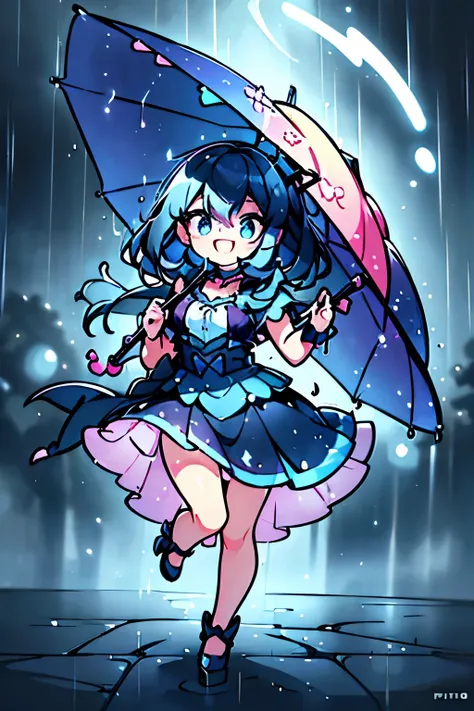 a happy young girl running through the rain, holding a colorful umbrella, detailed facial features, beautiful eyes, long eyelashes, dynamic pose, photorealistic, 4k, high quality, vibrant colors, dramatic lighting, whimsical, magical realism