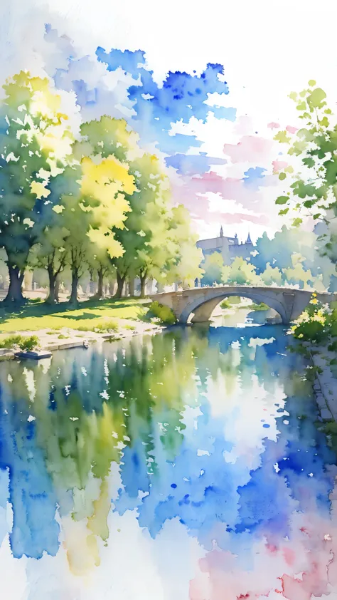 (masterpiece:1.2, highest quality),(very detailed),(((watercolor))),8k,wallpaper,landscape of france,banks of the seine