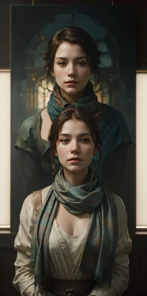 a painting of a woman with a scarf on her neck, (1girl:1.4), craig mullins alphonse mucha, artgerm craig mullins, beautiful char...