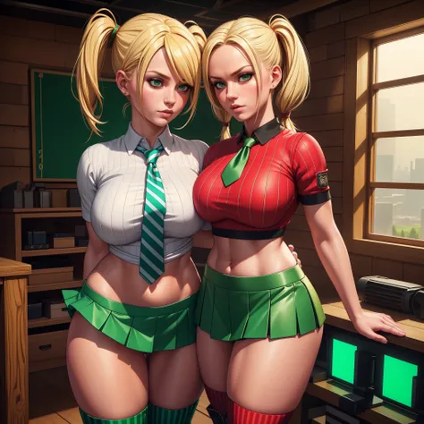 blonde woman,pigtails,midriff,short skirt,tight top,tie,striped socks,heavy boots,(red and green),panties,2girls,lesbian,(best quality,8k,ultra-detailed,realistic:1.37),HDR,UHD,studio lighting,(photography),vivid colors,sharp focus,landscape,dynamic lighti...