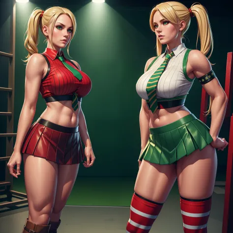 blonde woman,pigtails,midriff,short skirt,tight top,tie,striped socks,heavy boots,(red and green),panties,2girls,lesbian,(best quality,8k,ultra-detailed,realistic:1.37),HDR,UHD,studio lighting,(photography),vivid colors,sharp focus,landscape,dynamic lighti...