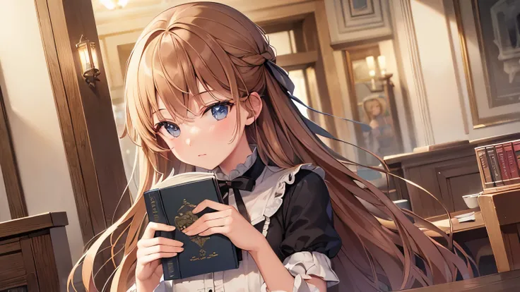 (Highest quality)), ((masterpiece)), (detailed), One Girl, Cafe、Upper Body、Medium Chest、holding a book in hand