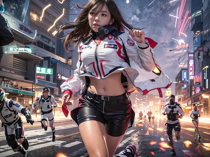 (Raw quality:1.4), Best image quality, Cinema Lighting, Octane Rendering, Ultra Sharp, 1 girl, Japanese, Troubled face, Glowing Skin, Detained fugitives, (Running at full speed:1.4), Brown Hair, Shortcuts, All-white pilot suit:1.3, Cleavage, cyber punk, A ...