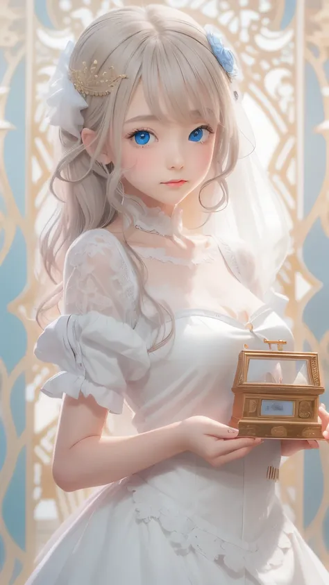 There is a woman in a white dress holding a music box, artwork in the style of Gwaiz, Gwaiz on pixiv artstation, Gwaiz on artstation pixiv, Gwaiz, Fantasy art style, Gwaiz masterpiece, Beautiful and elegant queen, Beautiful character drawings, Detailed dig...