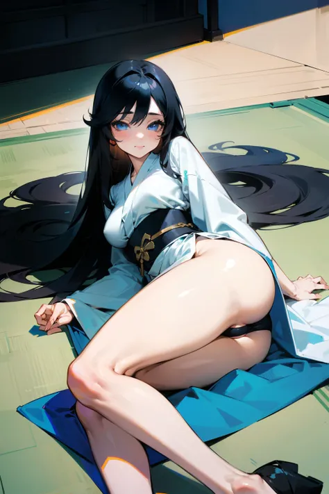 redraw, 1girl, long black hair, medium breasts, blue eyes, thighs, white kimono, laying down, ass, happy, masterpiece, ultra-detailed