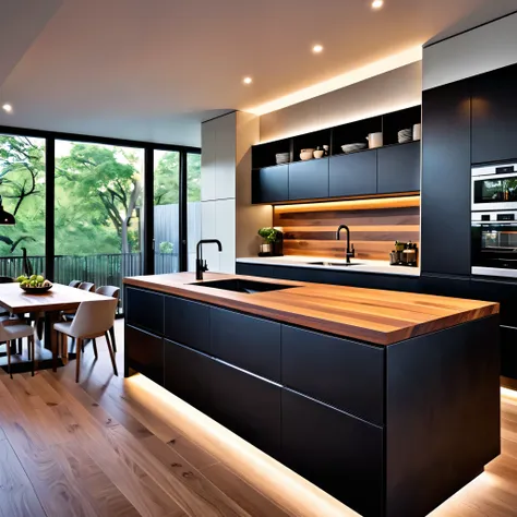 Design a sleek and modern kitchen with a minimalist aesthetic. The kitchen features black cabinets and a wooden countertop with matching wooden backsplash. Integrated lighting under the cabinets and at the base of the cabinetry creates a warm and inviting ...