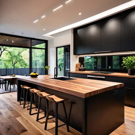 Create a contemporary and stylish kitchen with a minimalist design. The kitchen should have black cabinets paired with a wooden countertop and a matching wooden backsplash. Include integrated lighting under the cabinets and along the baseboards to provide ...