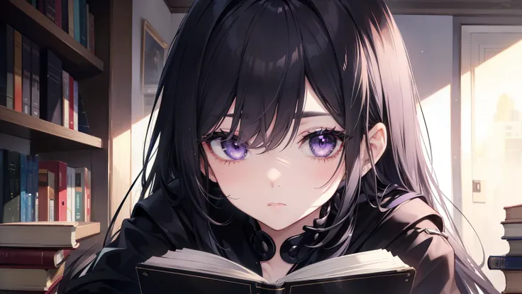 woman, eyebrow, Eyes light lilac, eyelid, pupil, Sclera, iris, ear, nose, mouth, Eye details, All super detailed, Black Hair,holding a book in hand