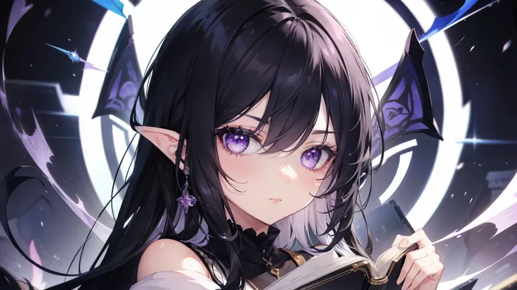 woman, eyebrow, Eyes light lilac, eyelid, pupil, Sclera, iris, ear, nose, mouth, Eye details, All super detailed, Black Hair,holding a book in hand