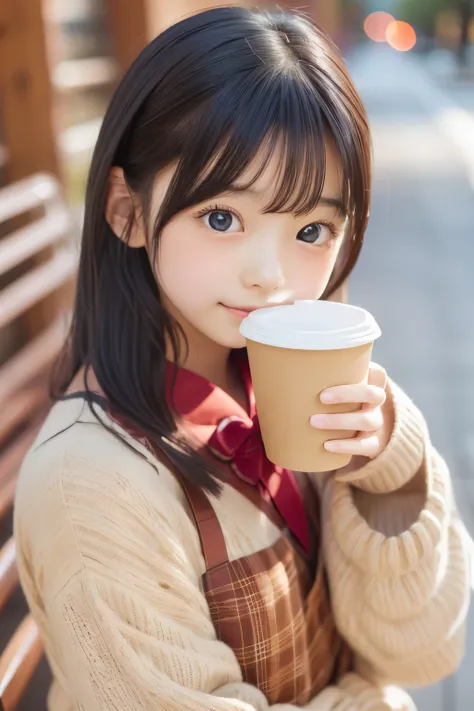 A young girl is holding a coffee cup in her hand, Girl cute beautiful face, Cute natural anime face, With a cute - lovely - face, sakimi chan, Chiho, Yoshitomo Nara, Young and pretty face, Beautiful Japanese girl face, 茶色の髪とBig eyes, pretty girl, Beautiful...