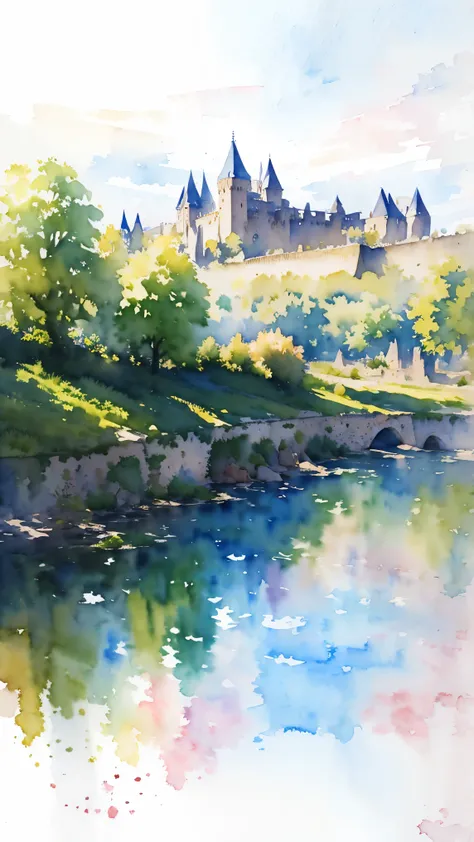 (masterpiece:1.2, Highest quality),(Very detailed),(((watercolor))),8K,wallpaper,Landscape of France,Carcassonne