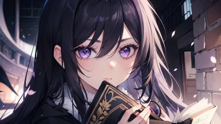 woman, eyebrow, Eyes light lilac, eyelid, pupil, Sclera, iris, ear, nose, mouth, Eye details, All super detailed, Black Hair,holding a book in hand