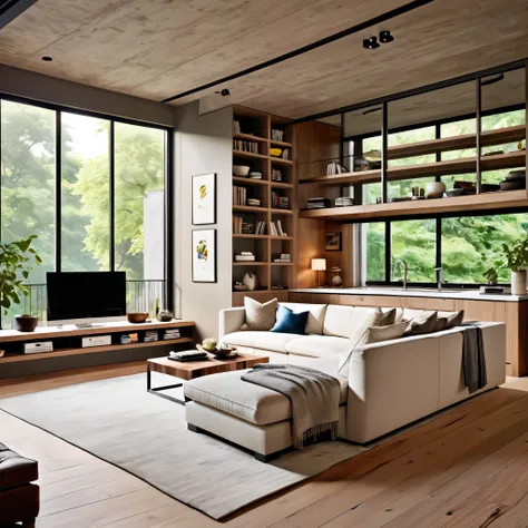 Create a stylish and contemporary loft space with an open floor plan. The living area should feature a large white sectional sofa, a minimalist media center, and a chic rug. The kitchen should have a wooden island with white bar stools and state-of-the-art...