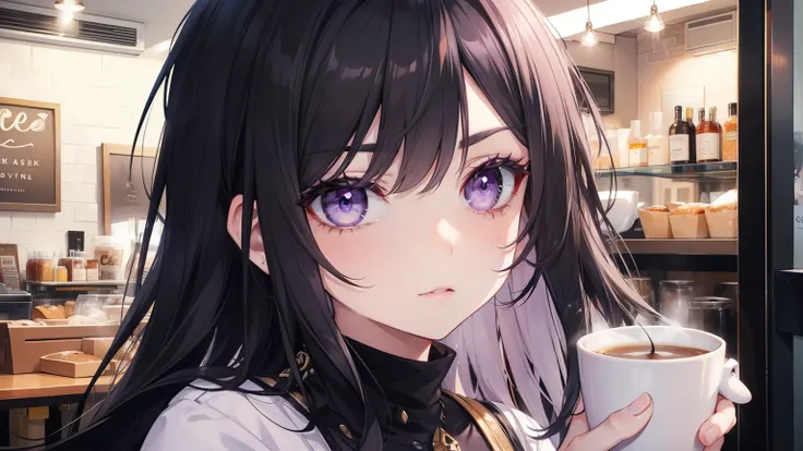 woman, eyebrow, Eyes light lilac, eyelid, pupil, Sclera, iris, ear, nose, mouth, Eye details, All super detailed, Black Hair,Cafe,Holding a coffee cup in hand