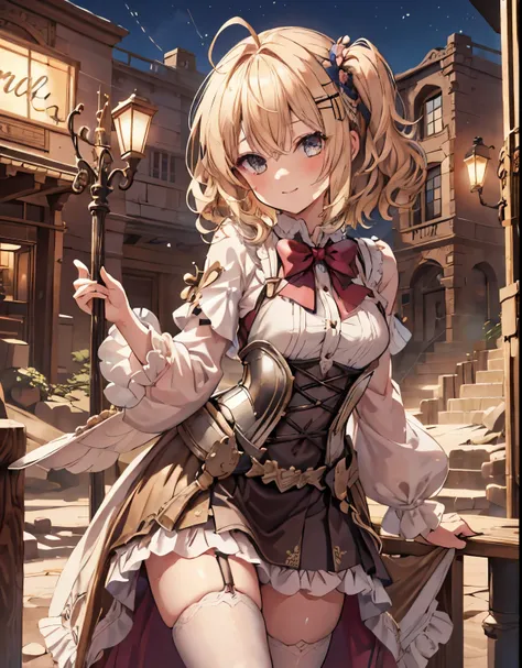 masterpiece, 1girl, sparrow, a blonde haired girl, wearing a full armor, curly short hair, messy hair, slim body, he close her l...