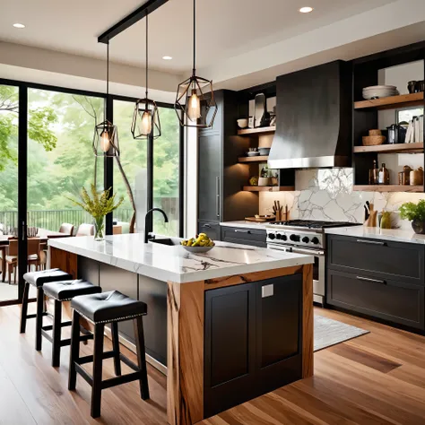 design a sleek and modern kitchen with a distinctive live-edge wooden island countertop. the kitchen should feature white cabine...