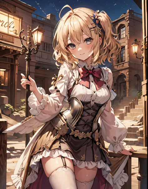 masterpiece, 1girl, sparrow, a blonde haired girl, wearing a full armor, curly short hair, messy hair, slim body, he close her l...