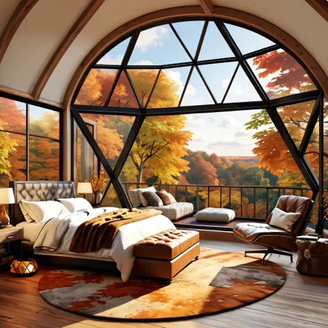 Design a sophisticated and cozy bedroom within a geodesic dome, featuring large windows that offer breathtaking views of autumn leaves. The room should have a comfortable bed with soft pillows and blankets, bedside lamps providing gentle illumination, and ...