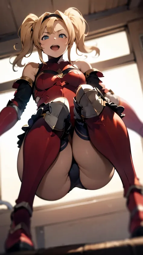 from front,focus on panties,fine underwear,black panty,flat chest
,BREAK,
zetadef, braid, hair intakes, twintails, hairband, red armor, shoulder armor, skirt, thighhighs, gauntlets, belt, midriff, cleavage 
,BREAK, 
{{{troubled face:2.0}}}, troubled face,s...