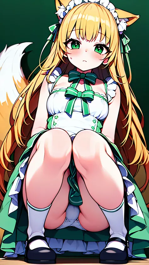 1girl, full body shot, from below, ((Chiffon from maimai, cosplay)), sleeveless, blonde, Cat ears, green eyes, fox tale, blush, nose blush, squatting, white panties, (Green maid outfit, Cream white apron),  (best quality, masterpiece,)