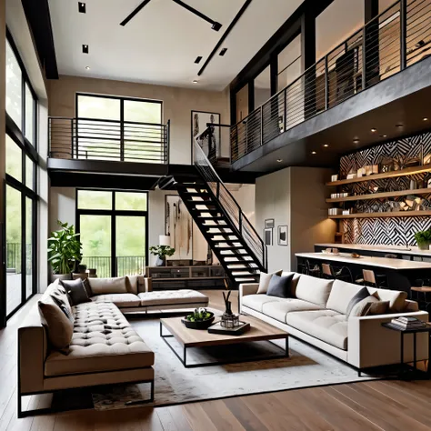 create a modern and spacious living room with an industrial chic aesthetic. the room should include a large, comfortable section...